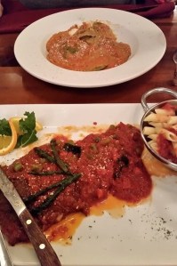 Spinach, Chicken and bacon ravioli (top) and Beef Milanese with tomato/asparagus sauce