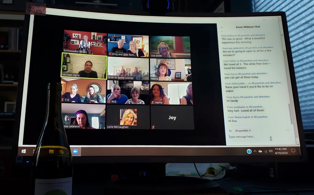 Computer screen depicting participants in a virtual wine tasting.