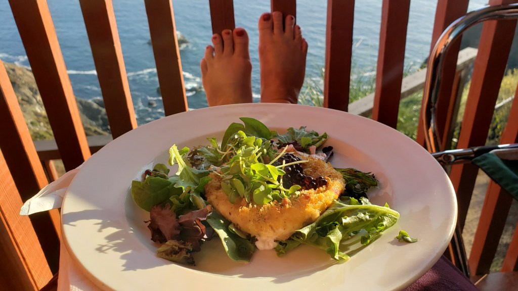 plate of fried cheese and greens on legs