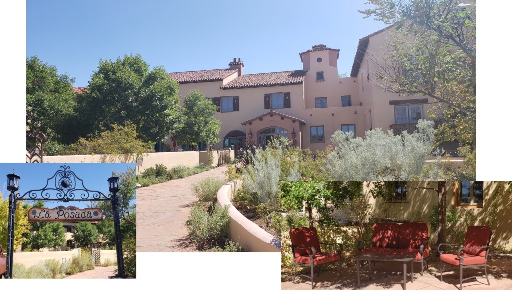 montage of pictures - exterior of historic hotel, shaded patio area and welcome arch